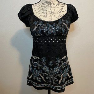Vintage Y2K Satin Goth Fairy Boho Sequin Floral Grunge Drawstring Babydoll Top